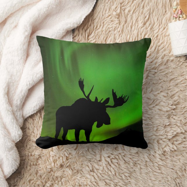 Moose with Green Aurora Borealis, Alaska Cushion (Blanket)