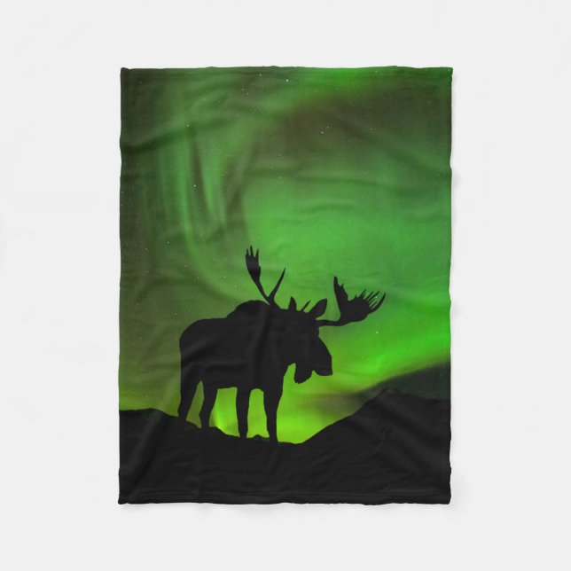 Moose with Green Aurora Borealis, Alaska Fleece Blanket (Front)