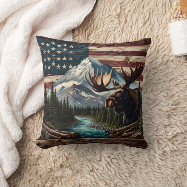 Moose With Mountains and Flag Background Cushion (Blanket)