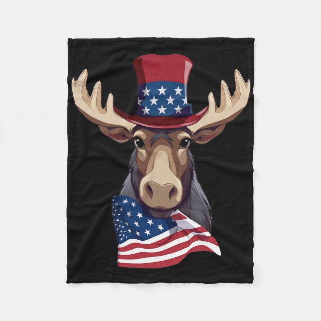 Moose With Patriotic Usa Flag American Independenc Fleece Blanket (Front)
