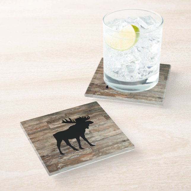 Moose Wood Painting Rustic Style Glass Coaster (Angled)