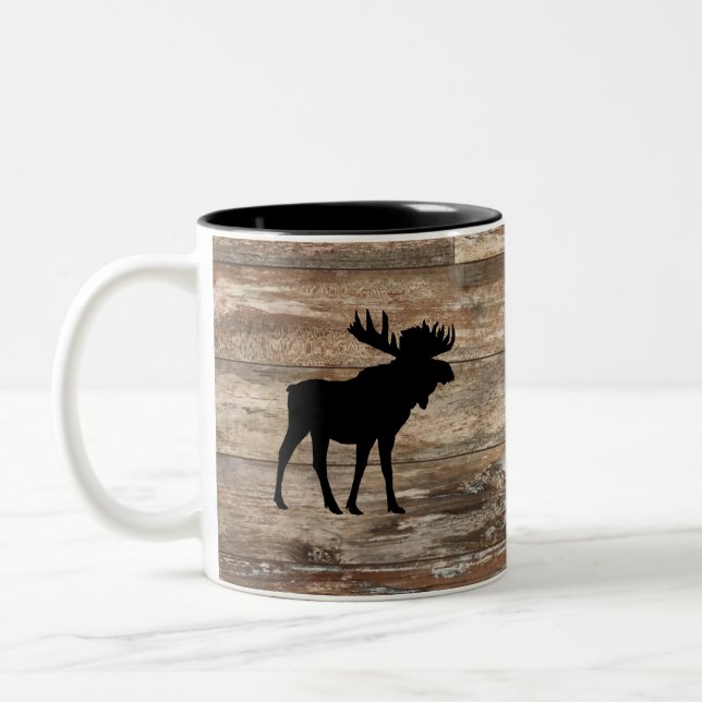 Moose Wood Painting Rustic Style Two-Tone Coffee Mug (Left)