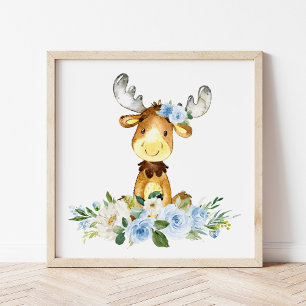 Moose, Woodland Animals, Boho, Blue Flowers Photo Print
