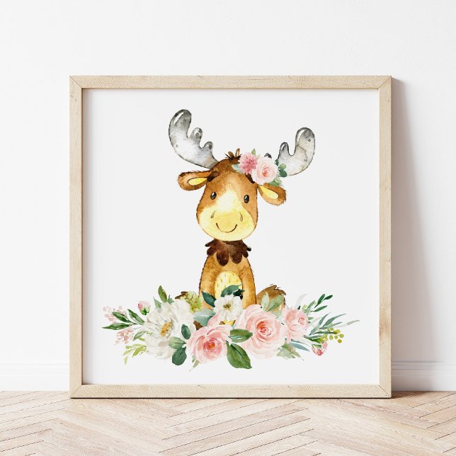 Moose, Woodland Animals, Boho, Pink Flowers Poster (Creator Uploaded)