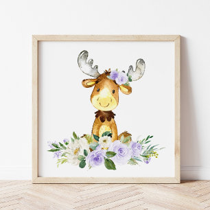 Moose, Woodland Animals, Boho, Purple Flowers Poster
