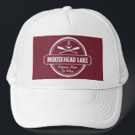 Moosehead Lake Maine anchor custom town and name Trucker Hat<br><div class="desc">Moosehead Lake Maine nautical anchor design is personalised with your town (such as Greenville, Rockwood or bay – Sandy Bay, Lily Bay or Beaver Cove, etc.) and your name (or delete). This retro, vintage style design features a white circle, anchor, crisscrossed paddles and a bold banner that reads Moosehead Lake....</div>