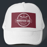 Moosehead Lake Maine anchor custom town and name Trucker Hat<br><div class="desc">Moosehead Lake Maine nautical anchor design is personalised with your town (such as Greenville, Rockwood or bay – Sandy Bay, Lily Bay or Beaver Cove, etc.) and your name (or delete). This retro, vintage style design features a white circle, anchor, crisscrossed paddles and a bold banner that reads Moosehead Lake....</div>