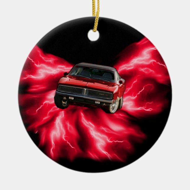 Mopar: '69 Charger on red lightning Ceramic Tree Decoration (Front)
