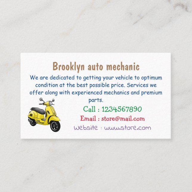 Moped motorcycle cartoon illustration business card (Front)