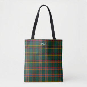 Moran Clan Tartan Dark Green Plaid Monogram Tote Bag