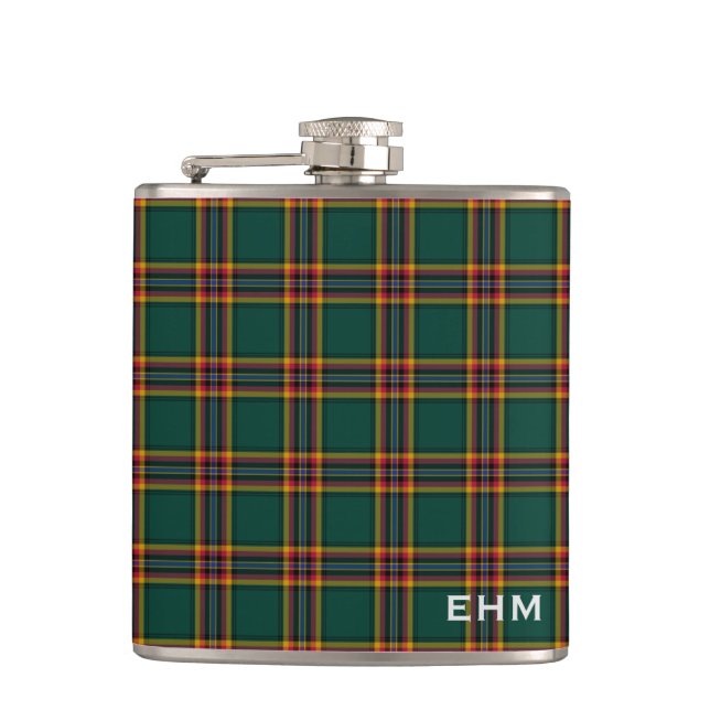 Moran Tartan Monogram Dark Green Plaid Hip Flask (Front)