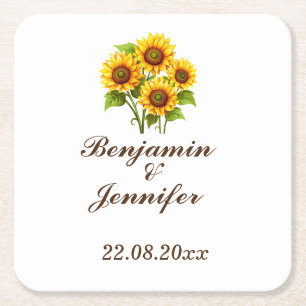 Mordern Elegant Rustic Boho Sunflower Wedding  Square Paper Coaster