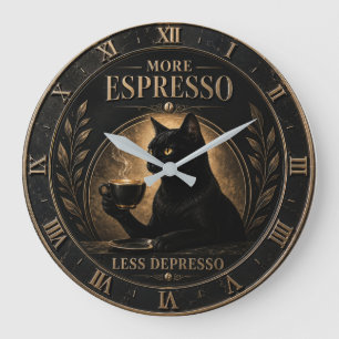 More Espresso Less Depresso Black Cat Large Clock