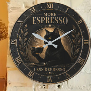 More Espresso Less Depresso Black Cat Large Clock