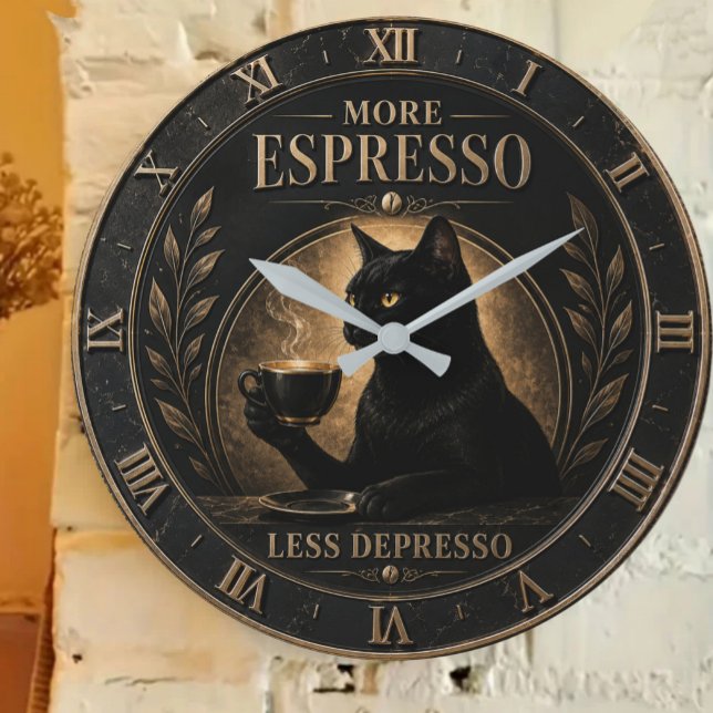 More Espresso Less Depresso Black Cat  Large Clock (Creator Uploaded)