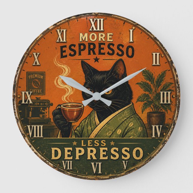 More Espresso Less Depresso Cat Large Clock (Front)