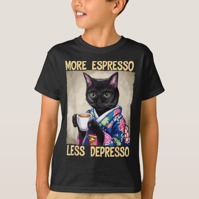 More Espresso Less Depresso Japanese Art Funny Cat T-Shirt (Front)
