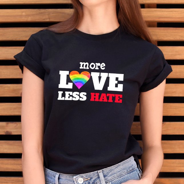 More Love Less Hate Bold Rainbow Heart on Black T-Shirt (Creator Uploaded)