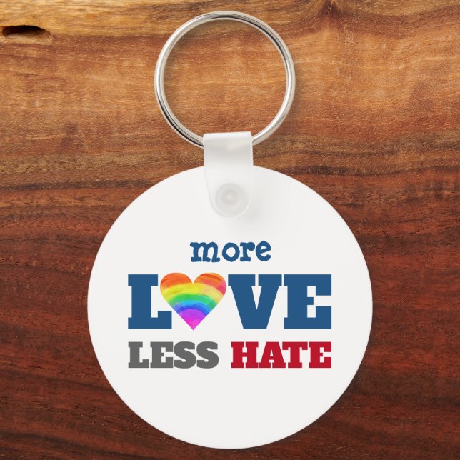 More Love Less Hate Graphic Rainbow Heart on White Key Ring (Front)