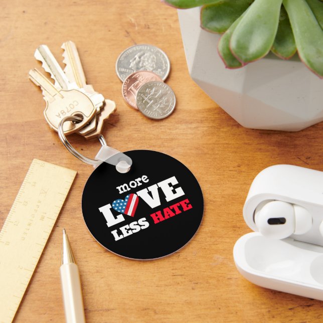 More Love Less Hate USA Flag Heart on Black Rustic Key Ring (Desk)