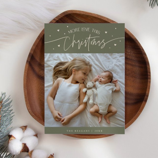 More Love This Christmas Sage Green Photo Birth Announcement (Creator Uploaded)