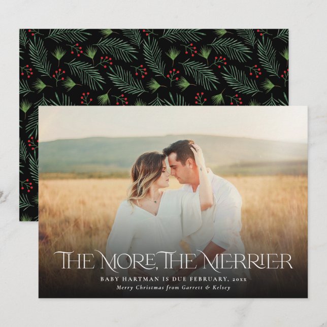 More Merrier Announce Pregnancy Christmas Photo Holiday Card (Front/Back)