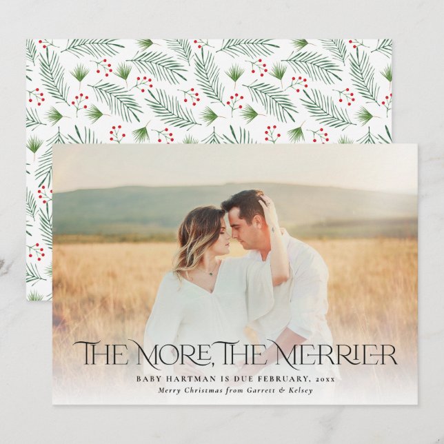 More Merrier Announce Pregnancy Christmas Photo Holiday Card (Front/Back)