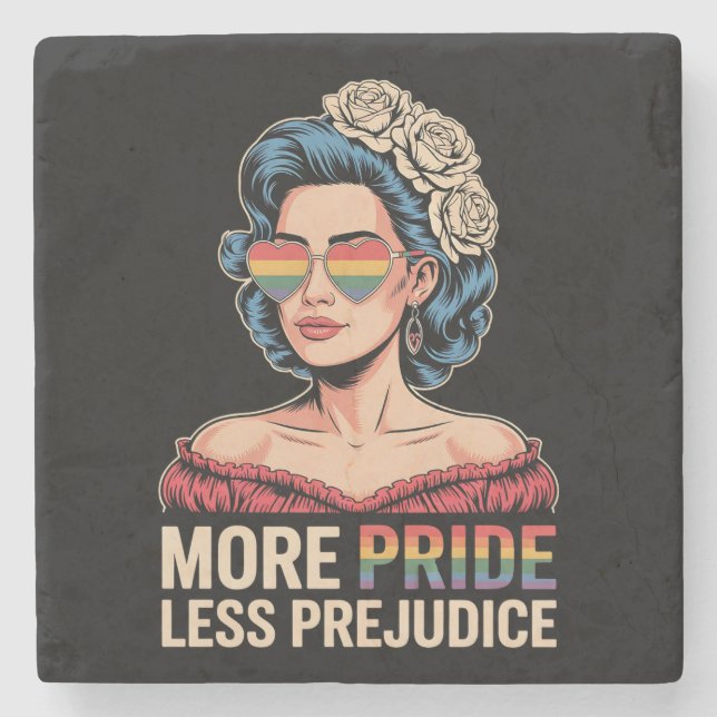 More Pride Less Prejudice LGBTQ Pride Ally Rainbow Stone Coaster (Front)