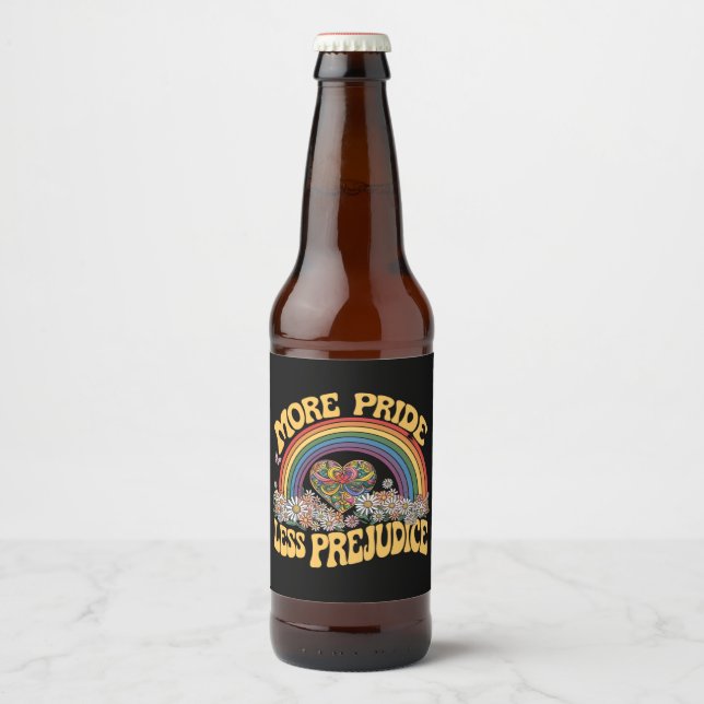 More Pride Less Prejudice Retro Rainbow Pride LGBT Beer Bottle Label (Front)
