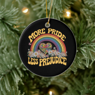 More Pride Less Prejudice Retro Rainbow Pride LGBT Ceramic Tree Decoration