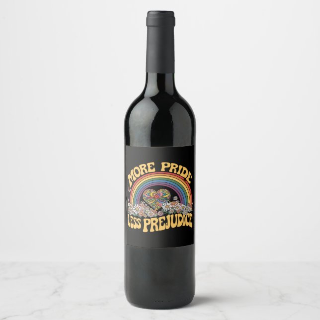 More Pride Less Prejudice Retro Rainbow Pride LGBT Wine Label (Front)