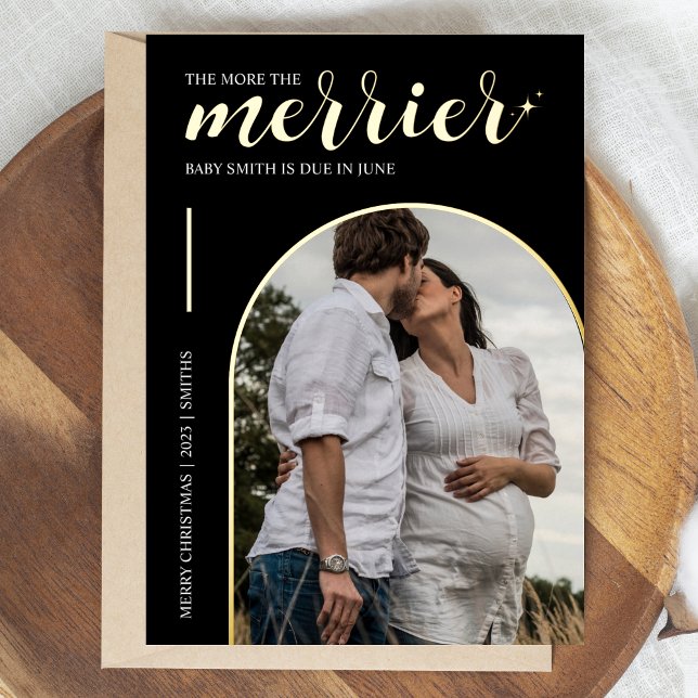 More the Merrier Black Gold Christmas Pregnancy Foil Holiday Card (The more the merrier )