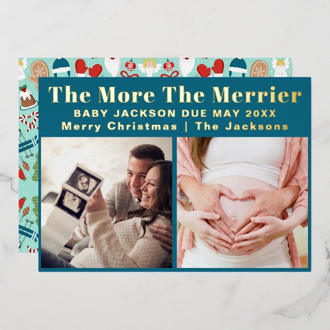 More the Merrier Modern Christmas Pregnancy Foil Holiday Card (Front/Back)