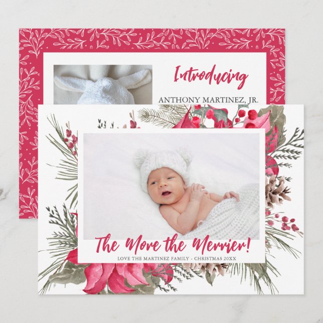 More the Merrier Poinsettia Photo Christmas Birth Announcement (Front/Back)