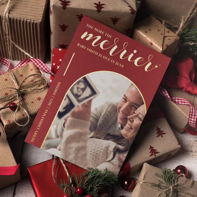 More the Merrier Red Gold Christmas Pregnancy Foil Holiday Card (The more the merrier Christmas Pregnancy Announcement with Photo Red Festive )