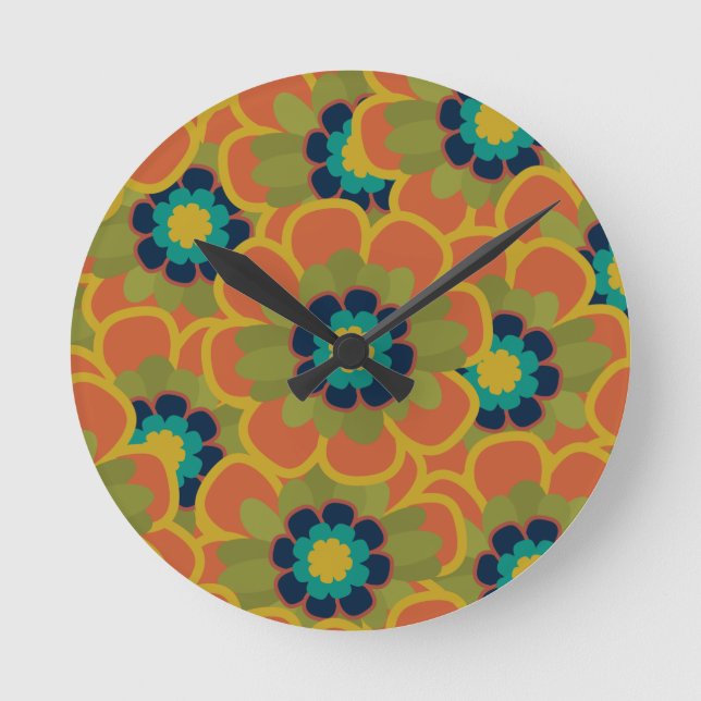 Morelia Flowers Retro Floral Pattern Round Clock (Front)
