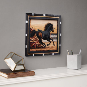 Morgan Tide Gallop: Wood Texture Burn. Square Wall Clock