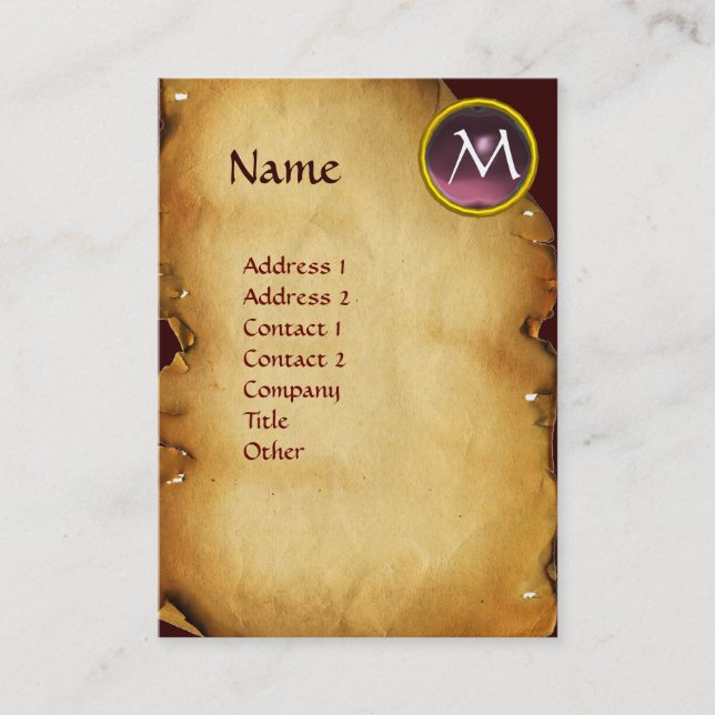 MORGANA AND DRAGON PARCHMENT MONOGRAM  Purple Gem Business Card (Front)