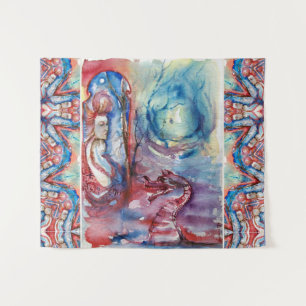 MORGANA Enchantress and Dragon ,Pink Blue Fantasy Tapestry