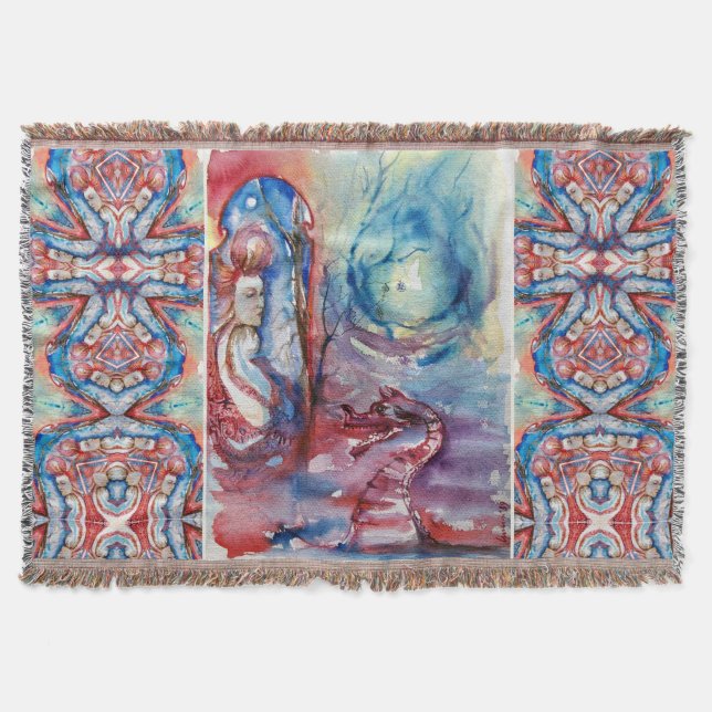 MORGANA Enchantress and Dragon ,Pink Blue Fantasy Throw Blanket (Front)