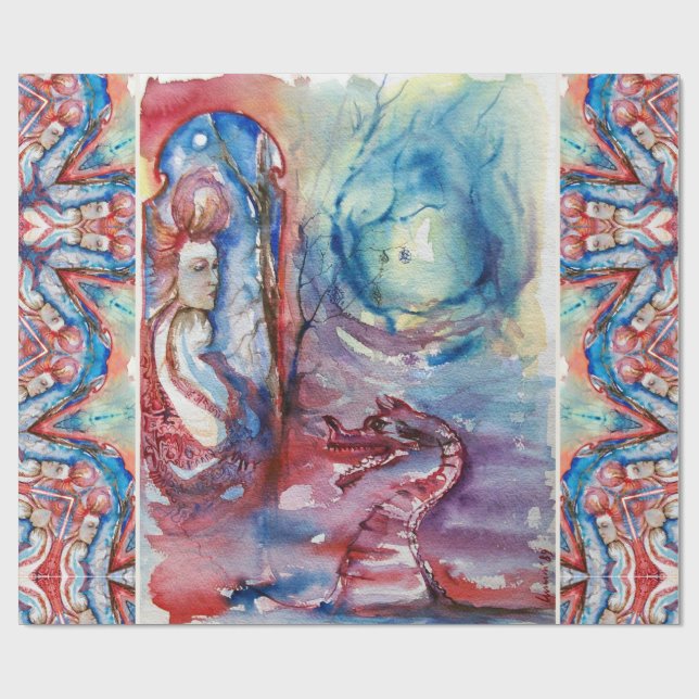 MORGANA Enchantress and Dragon ,Pink Blue Fantasy Wrapping Paper (Flat)