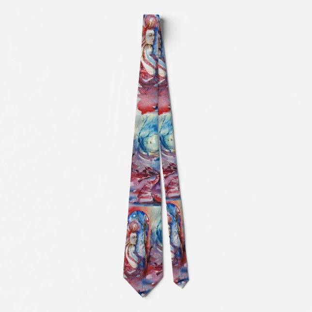 MORGANA LE FAY  AND DRAGON  ,Pink Blue Fantasy  Tie (Front)