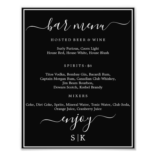 "Morgana Wedding Suite- Bar Menu Sign" Photo Print (Front)