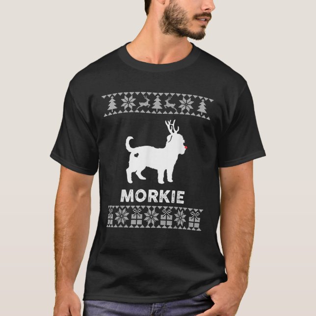 Morkie Dog Lover Christmas Reindeer Ugly Christmas T-Shirt (Front)