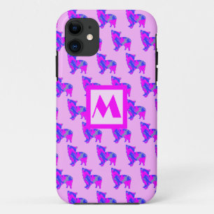 Morkie Dog Lover Pink & Blue Silhouette Monogram iPhone 11 Case