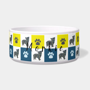 Morkie Dog & Paw Yellow & Blue Grid Dog Bowl