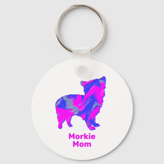 Morkie Dog Silhouette Hot Pink and Blue Key Ring (Front)