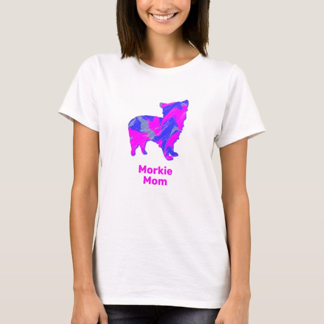 Morkie Dog Silhouette Hot Pink and Blue T-Shirt (Front)