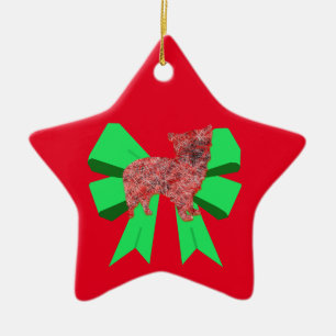 Morkie Dog Silhouette Red & Green Bow Christmas Ceramic Tree Decoration