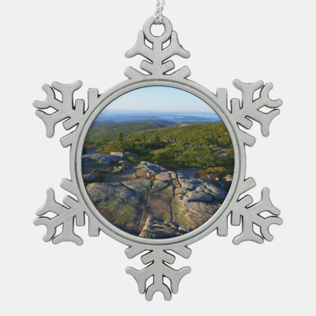 Morning atop Cadillac Mountain at Acadia Snowflake Pewter Christmas Ornament (Front)